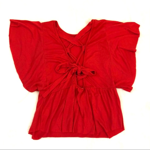 Elodie Red Flutter Sleeve Blouse with Lace Up Back Bow Detail - Picture 2 of 8
